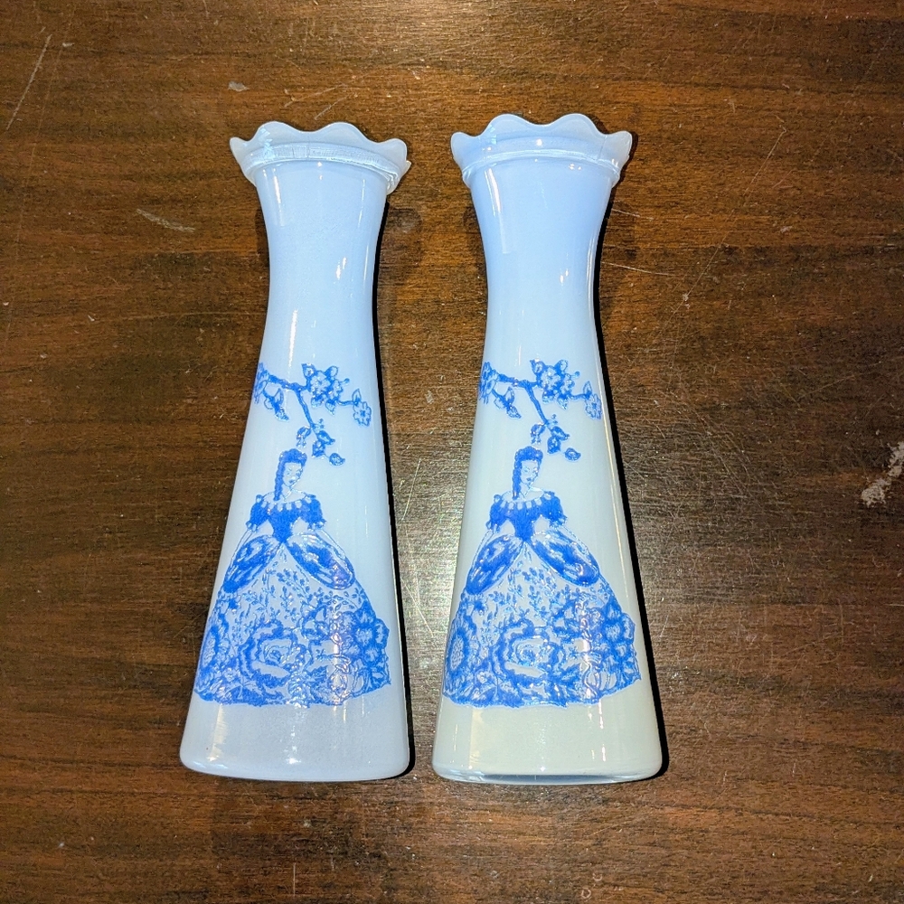Rare VTG Pair Of Blue Glass Vases, Crinoline Lady Style Pattern Reverse Painted